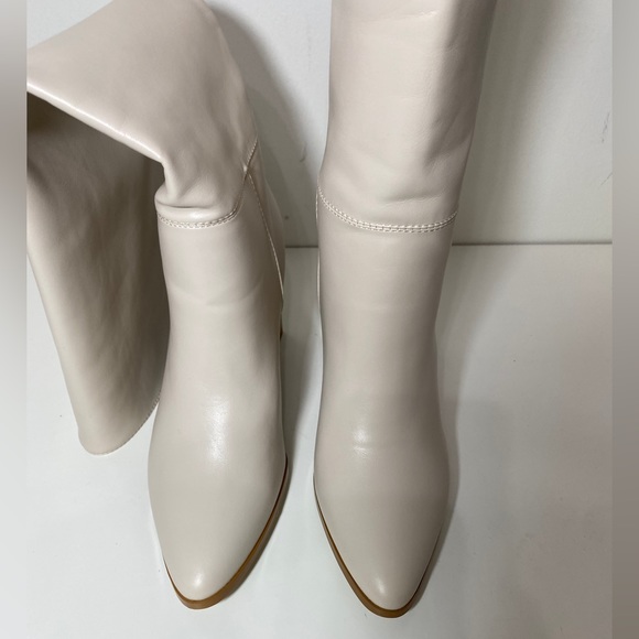 New Cream Block High Heel Women Knee Fall White Boots - Picture 6 of 7